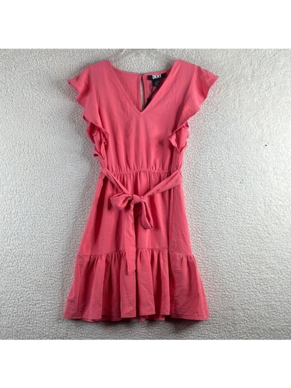 NWT DKNY Womens Pink Flutter Sleeve Belted V-Neck Fit & Flare Dress Petite 6P